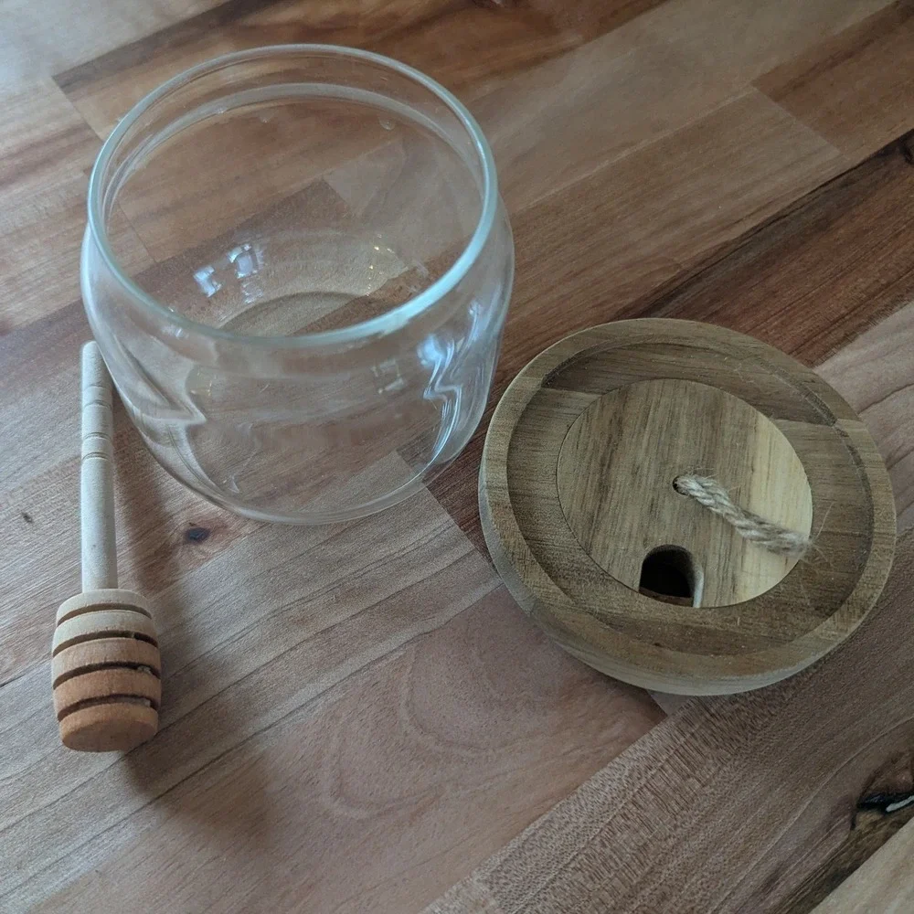 Glass Honey Jar with Wooden Lid and Dipper Farmhouse Kitchen‎ Storage